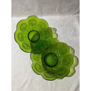 Vintage Green Glass Cabbage Leaf Scalloped Serving Bowls Set of 2 Retro Decor